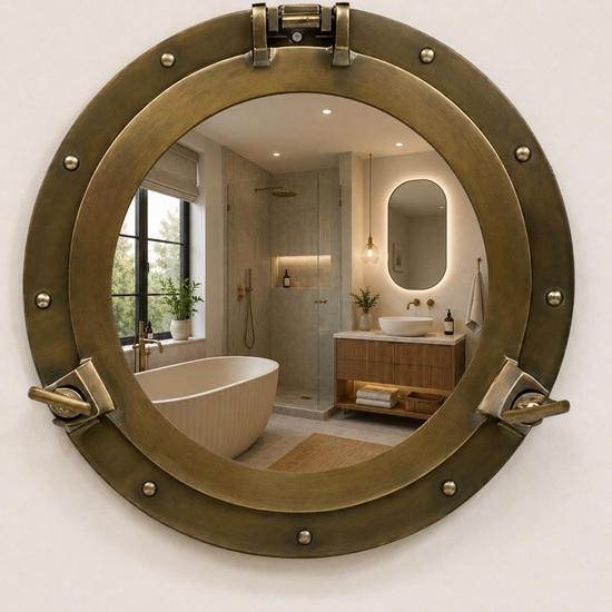 Solid Aluminum Porthole Mirror Nautical Ship Window Wall Decor, Antique Brass Finish