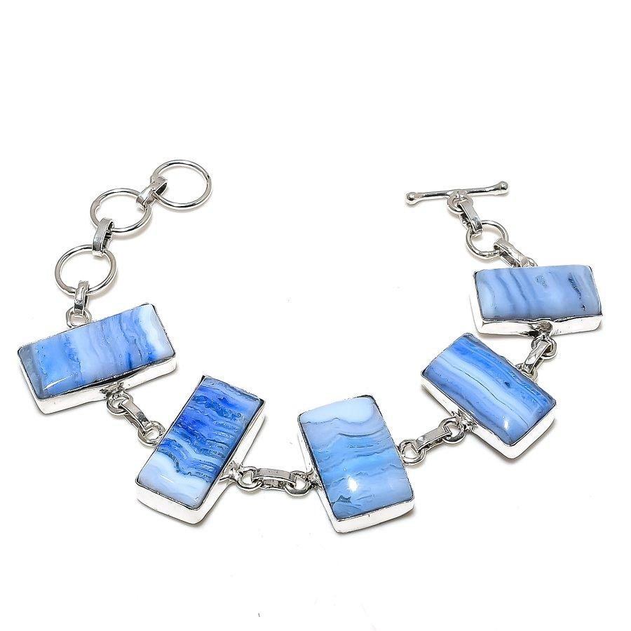 

Браслет ручной работы из стерлингового серебра 925 пробы с натуральным синим кружевным агатом 7-8 дюймов T5W68