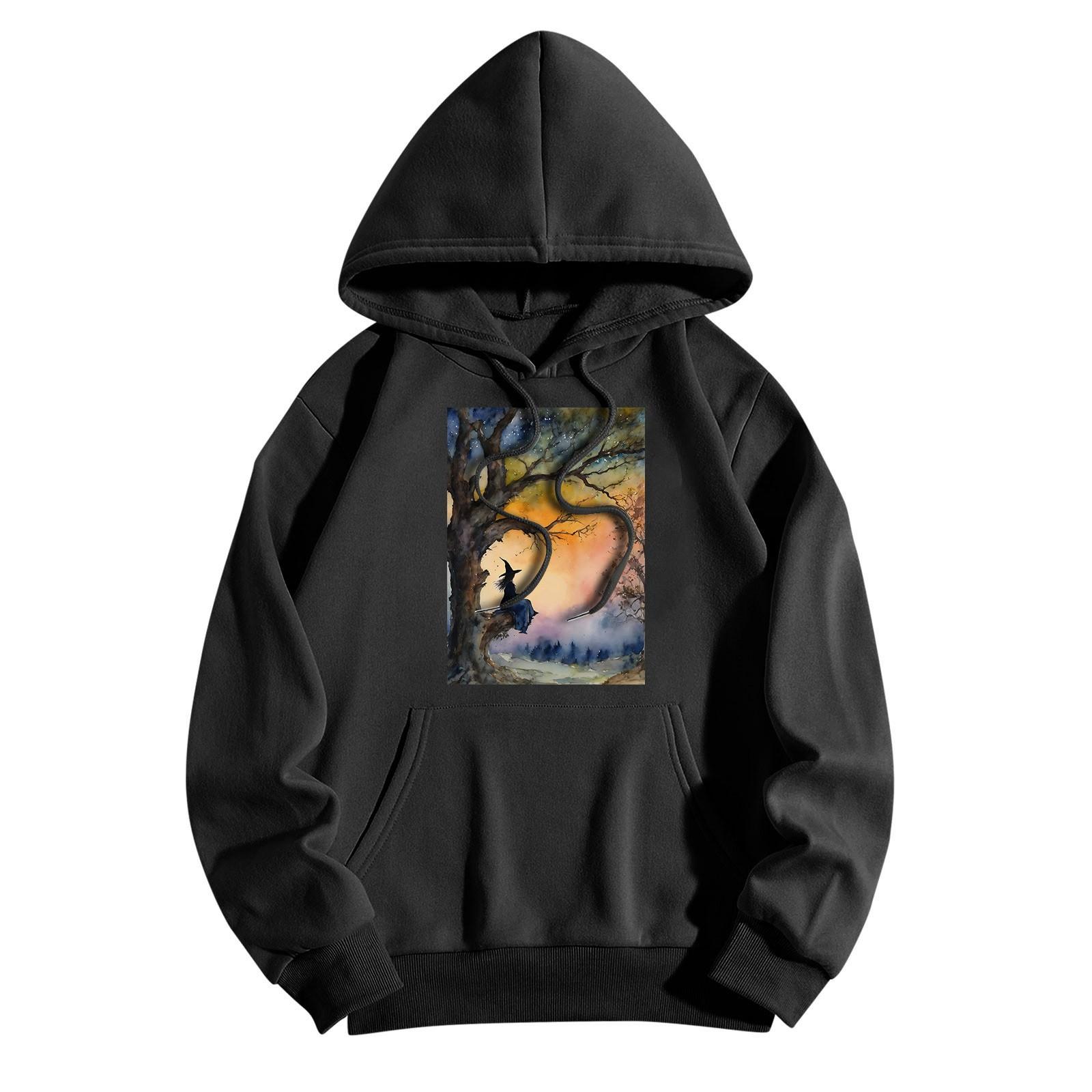 

Женская модная повседневная толстовка с капюшоном и принтом ведьмы на Хэллоуин с карманами и длинными рукавами XL чёрный