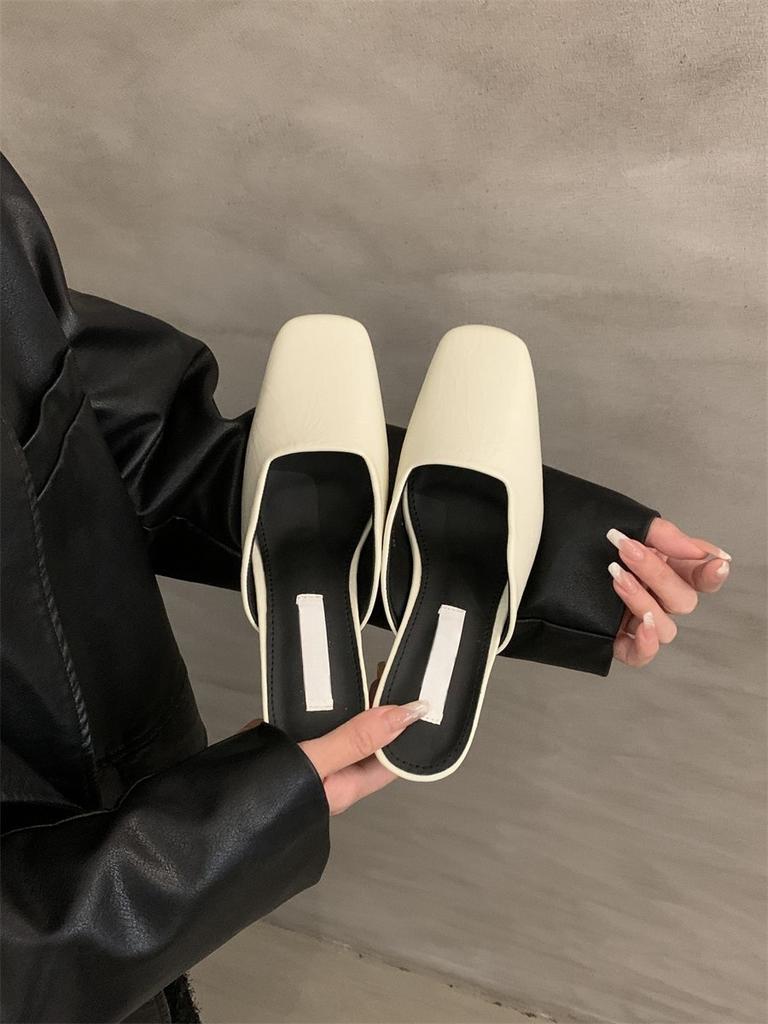 Temperament high-heeled bag head half slippers outer wear women's shoes spring and summer thick heels are not tired feet shallow single shoes