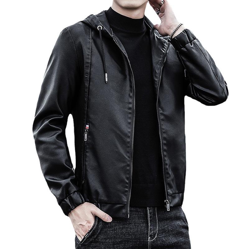 Pánská kožená bunda Pu kožená bunda Pánská s kapucí Slim Fit Korejský styl Motocyklová ležérní bunda