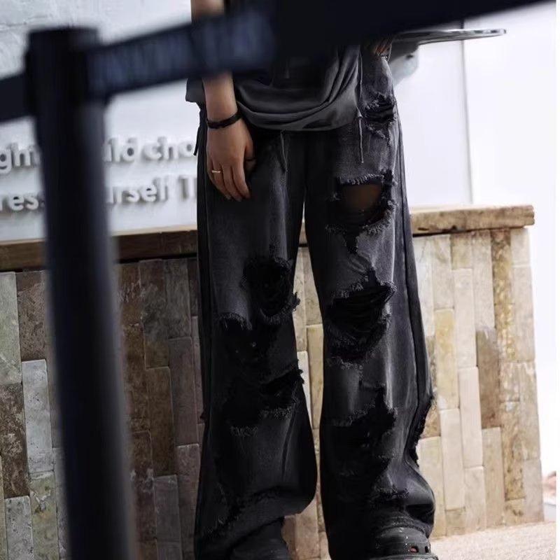 New vibe ripped wide-leg jeans for men 2026, washed and distressed straight-leg floor-length pants