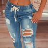 Mode Damen Elastischer Kordelzug Löcher Lange Jeans Hose Dating Streetwear