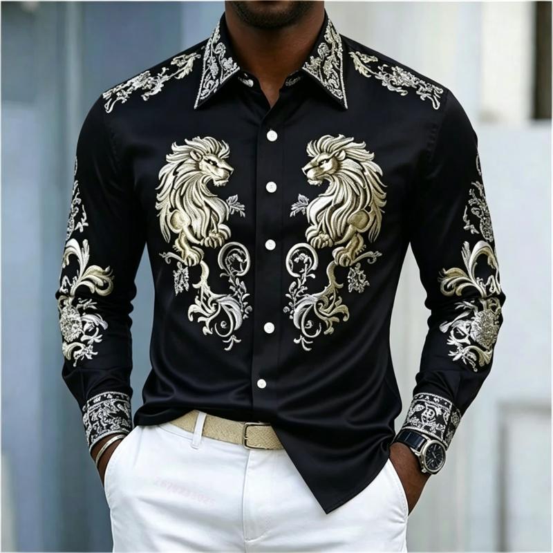 Camicia da uomo stile Barocco testa di leone design slim fit manica lunga camicia Business casual stile street abbigliamento uomo XS-6XL