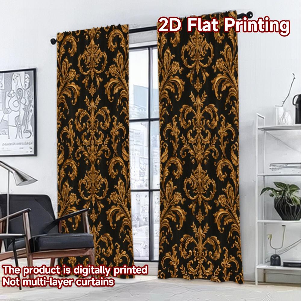 2D FLAT PRINTING 2pcs Curtains (Without Rod) Golden Ornate Design Fashionable Chic Curtains Machine Washable Fabric Curtains