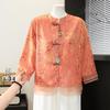 New Chinese Style Stand Collar Printed Summer Shirt for Middle-aged Women
