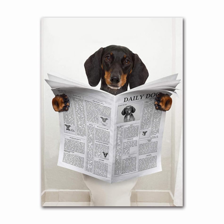 Funny Animal Dog Read Newspaper Oil Painting On Canvas Wall Art Poster Prints Wall Art Picture for Bathroom Toilet Decoration