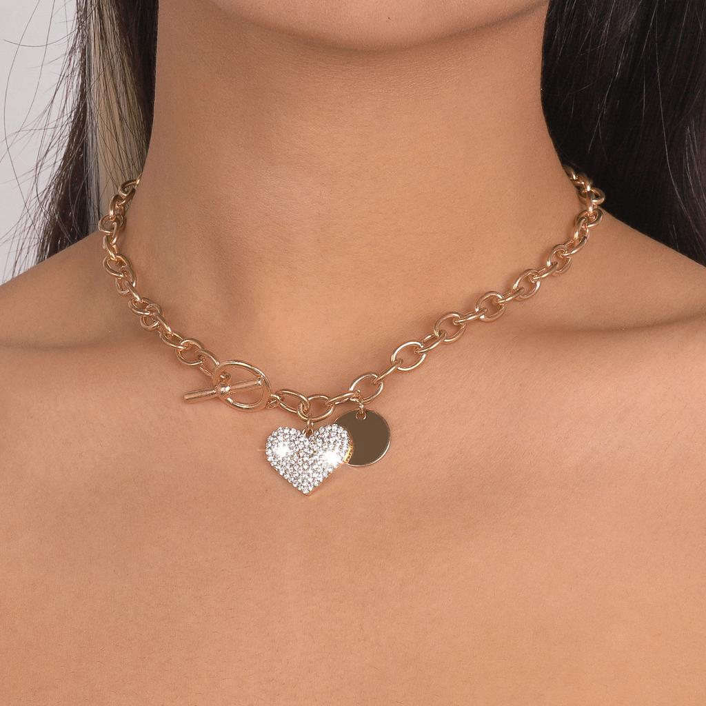 Women European Temperament Sweet Cool Choker Round Heart OT Buckle Chain Micro-set Minimalist Necklace For Women
