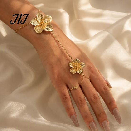 Integrated Ring Bracelet Gold Flower Hand Chain Link with Finger for Matte Gilt Women Women, Hibiscus Flowers O Bracelet, Floral Fairy Jewelry
