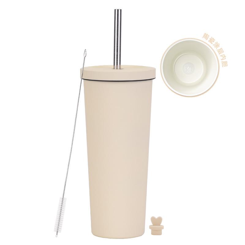2025 Ceramic Liner Milk Tea Cup Large Capacity 830Ml Thermos Cup Stainless Steel Straw Cup