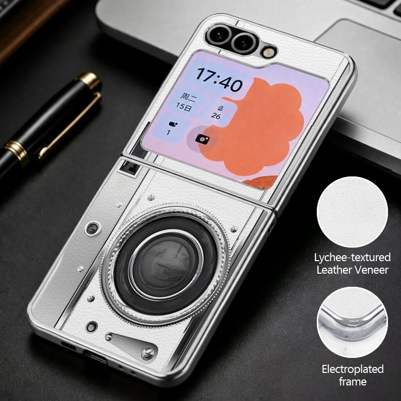 Vintage Camera Pattern Case For Samsung Z Flip 8 7 6 5 Hybrid 3in1 Leather Skin Plating Frame Hard Folding Phone Cover For Galaxy Z Flip8 Flip7 Flip6