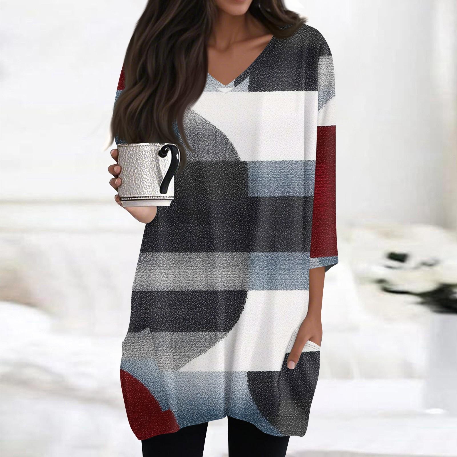 

Женские топы с V-образным вырезом и рукавом 3/4 Блузки Повседневные рубашки средней длины Модные принты Туники Топы с карманами L