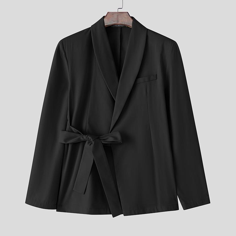INCERUN Men Lapel Neck Long Sleeve Side Lace-up Casual Loose Thin Blazer Oversized Coats