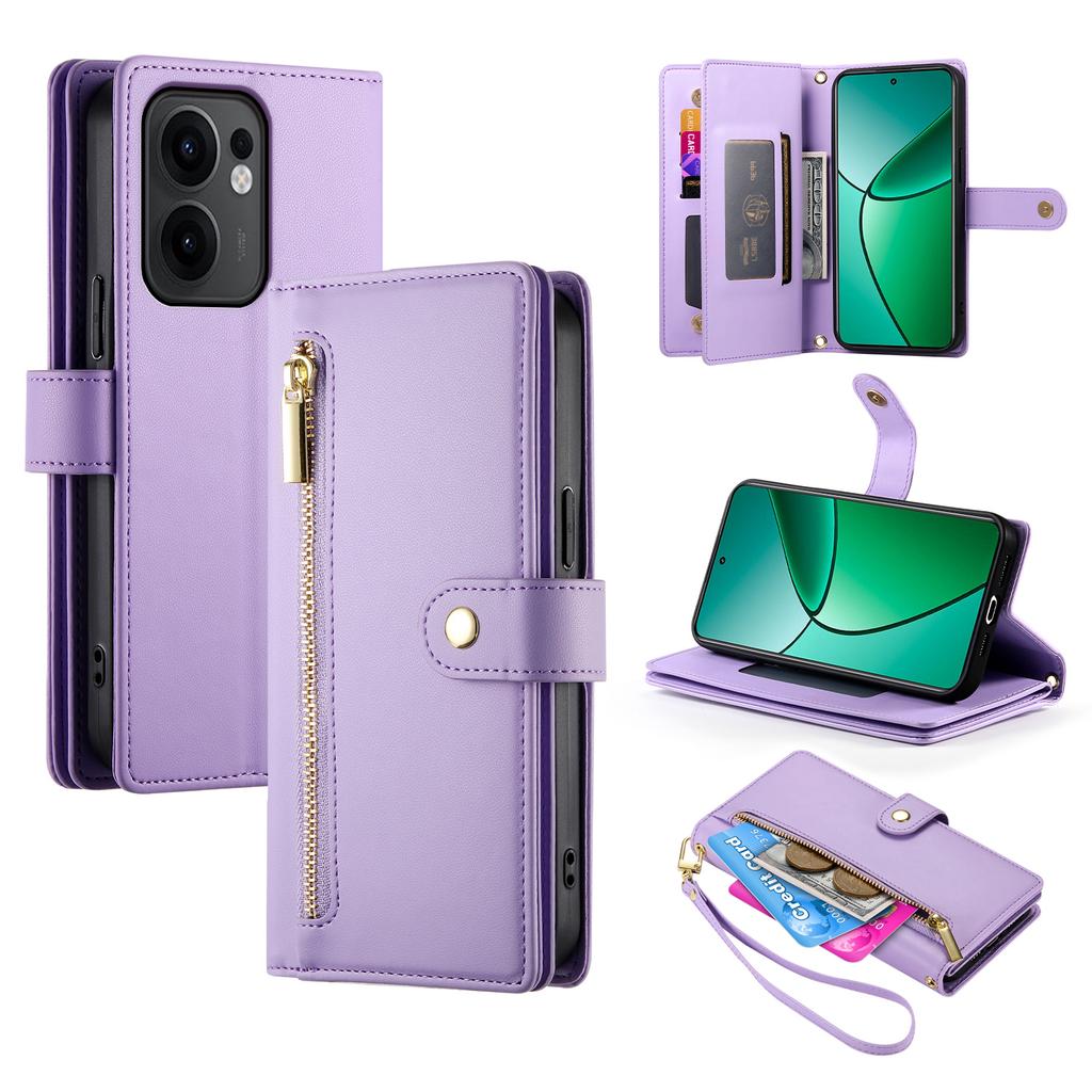 DF-011 For Oppo Reno13 F 5G Case Zipper Pocket Wallet Leather Phone Cover with Straps
