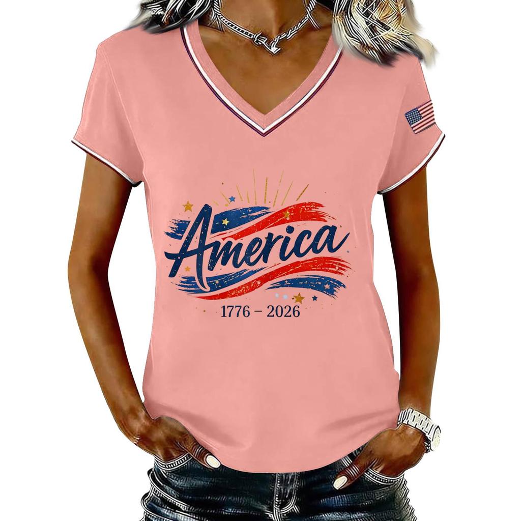 Damen Lässiger V-Ausschnitt Kurzarm Pullover Bedrucktes T-Shirt Top