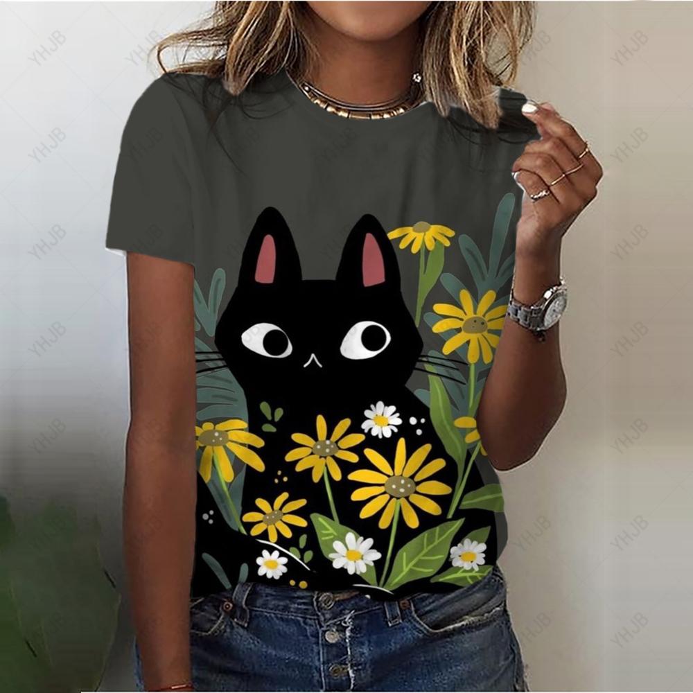 

2023 модные женские футболки с 3D принтом животных, топы с короткими рукавами, летние футболки с рисунком кота в стиле каваи, свободная одежда больших размеров 3XL