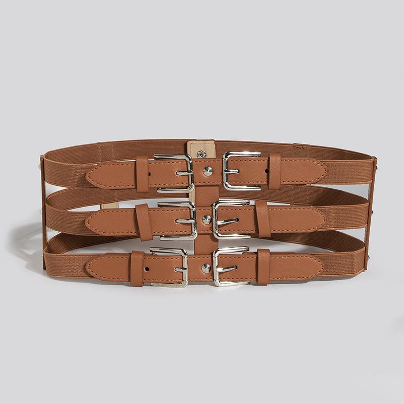 

Новый широкий пояс с тремя рядами пряжек в панк-стиле, универсальный, в темном европейском и американском стиле, женский ремень