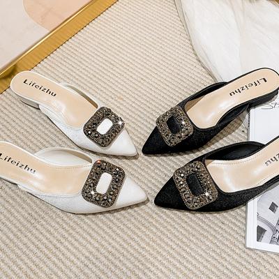2024 Été Nouvelles Chaussures pour Femmes Belles Sandales Décontractées d'Extérieur Mule à Talons Boucle Carrée en Strass