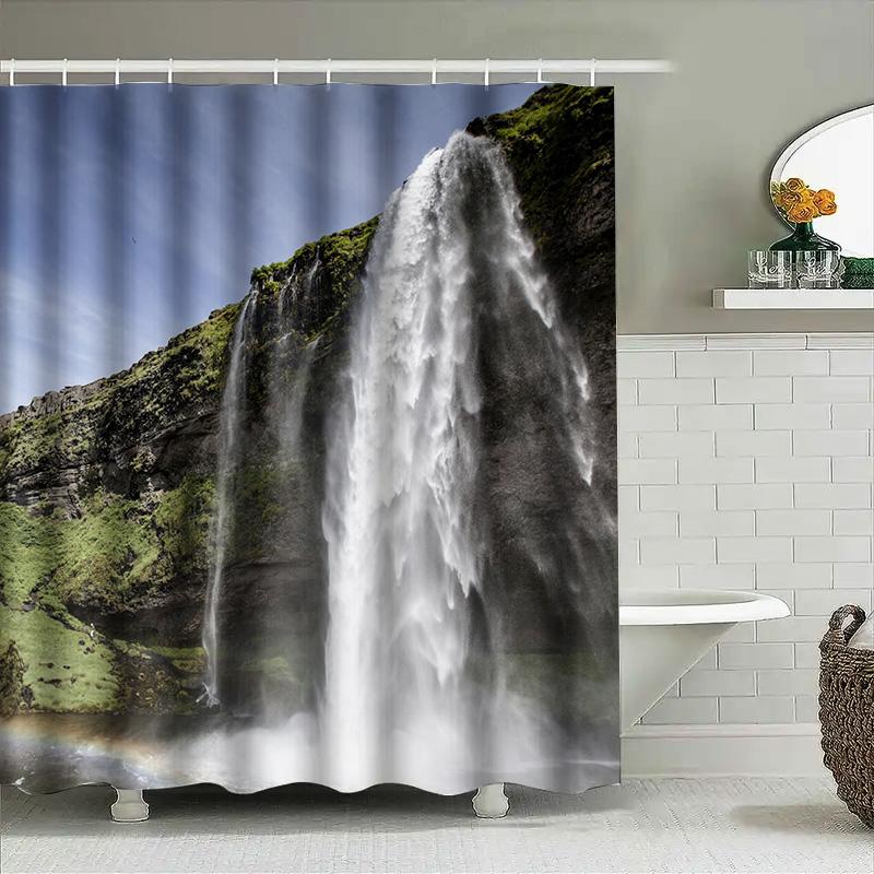 Waterfall Shower Curtain Nature Decor for Bathroom Waterproof Fabric with Rainbow Effect 3D Printing Customized Size Available E