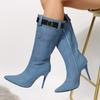 Autumn and winter fashion pocket boots large size pointed denim medium boots belt buckle thin heel super high heel long tube