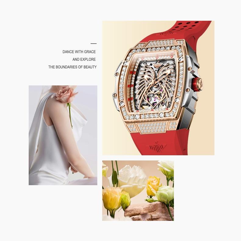 OUPINKE Uhr Hohl Weinfass Mechanische Uhr Mode Silikon Gürtel Wasserdicht Damen Uhr Damen Uhr