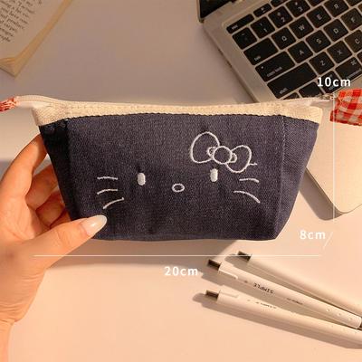 Cute Denim Kitty Pencil Case - Large Capacity for Middle School Girls