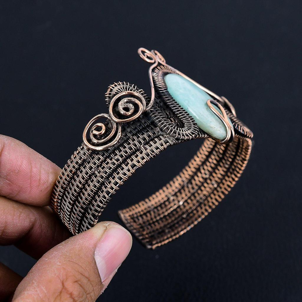 Amazonite Bangle 999 Copper Wire Wrapped Cuff Bracelet, Adjustable Bangle Gemstone Jewelry, Gift For Mom Handmade Brand, New Jewelry