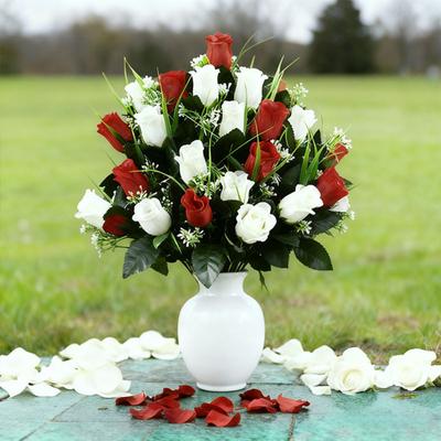 Yousheng Artificial Cemetery Flower 24 Heads Faux Silk Rose Bush Memorial Rose Flower Bouquet for Headstones Gravesite Vase