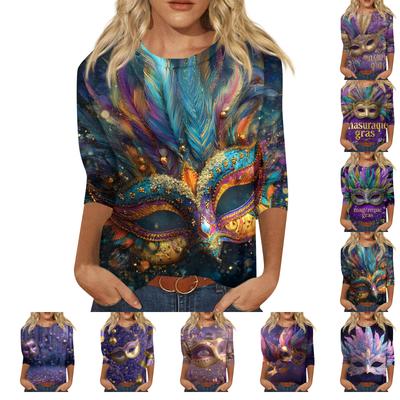 Camiseta Informal de Moda para Mujer con Cuello Redondo, Manga Tres Cuartos y Estampado de Carnaval