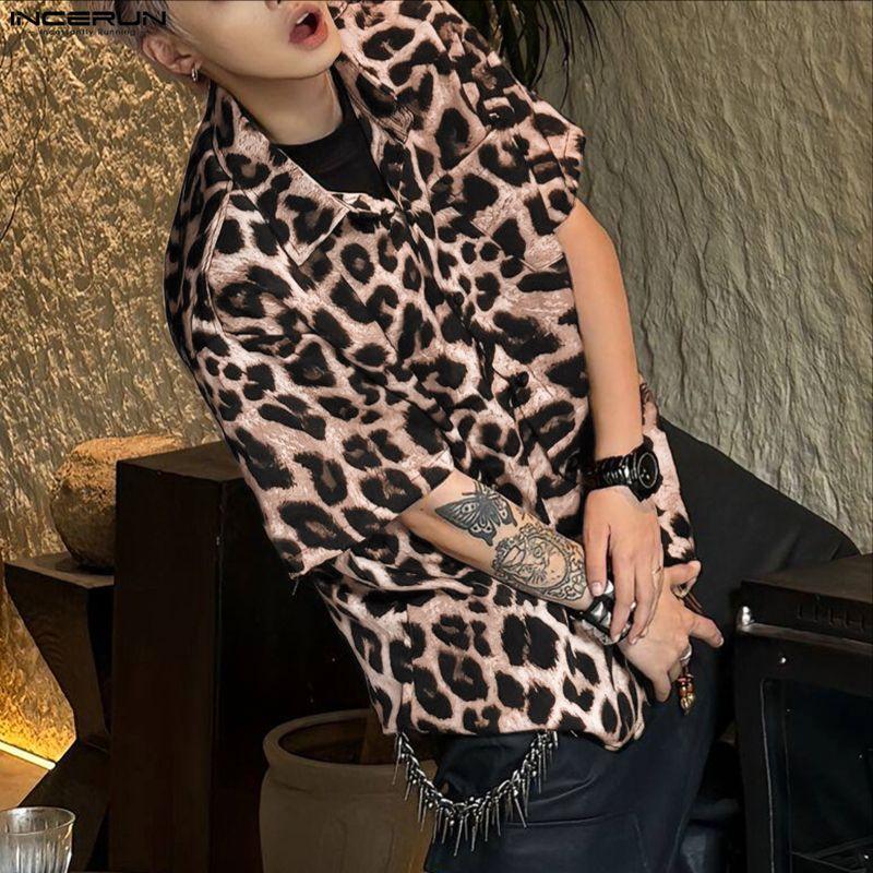 INCERUN Oversized Men's Short Sleeve Lapel Collar Button Up Leopard Print Shirts Tops