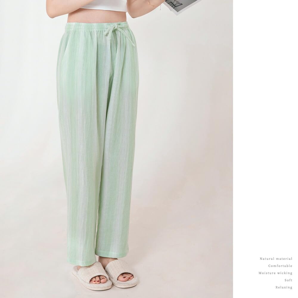 Yes Family Double Gauze Pajama Straight Striped Size Green Women's Pants, 100% Cotton, Fit, Pattern, M,