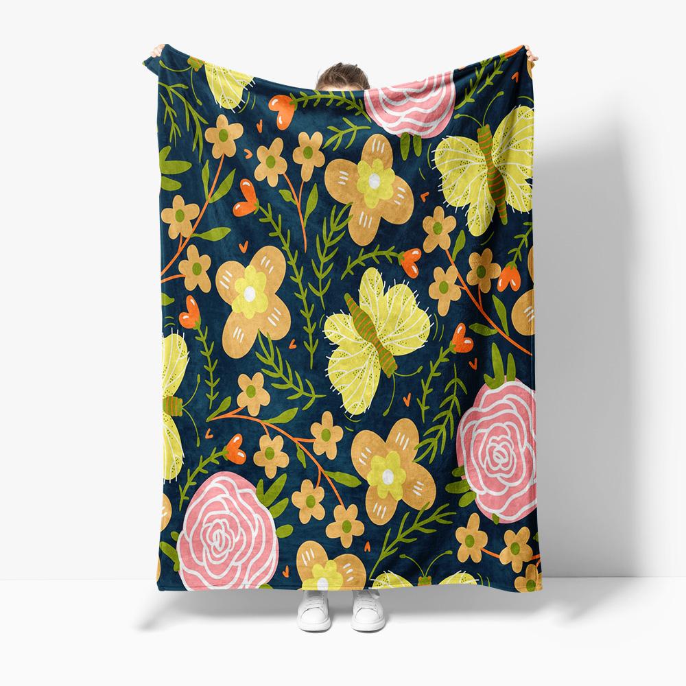 Dark Floral Butterfly Print Fleece Blanket Soft Warm Throw Blanket for Kids Girls Gift 75X95CM