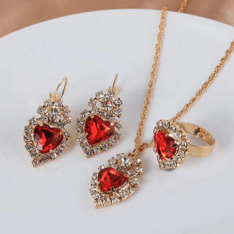 Necklace Earring Ring Three Piece Set Women s Water Droplet Heart-shaped Rhinestone Sets Fashionable Bridal Accessory