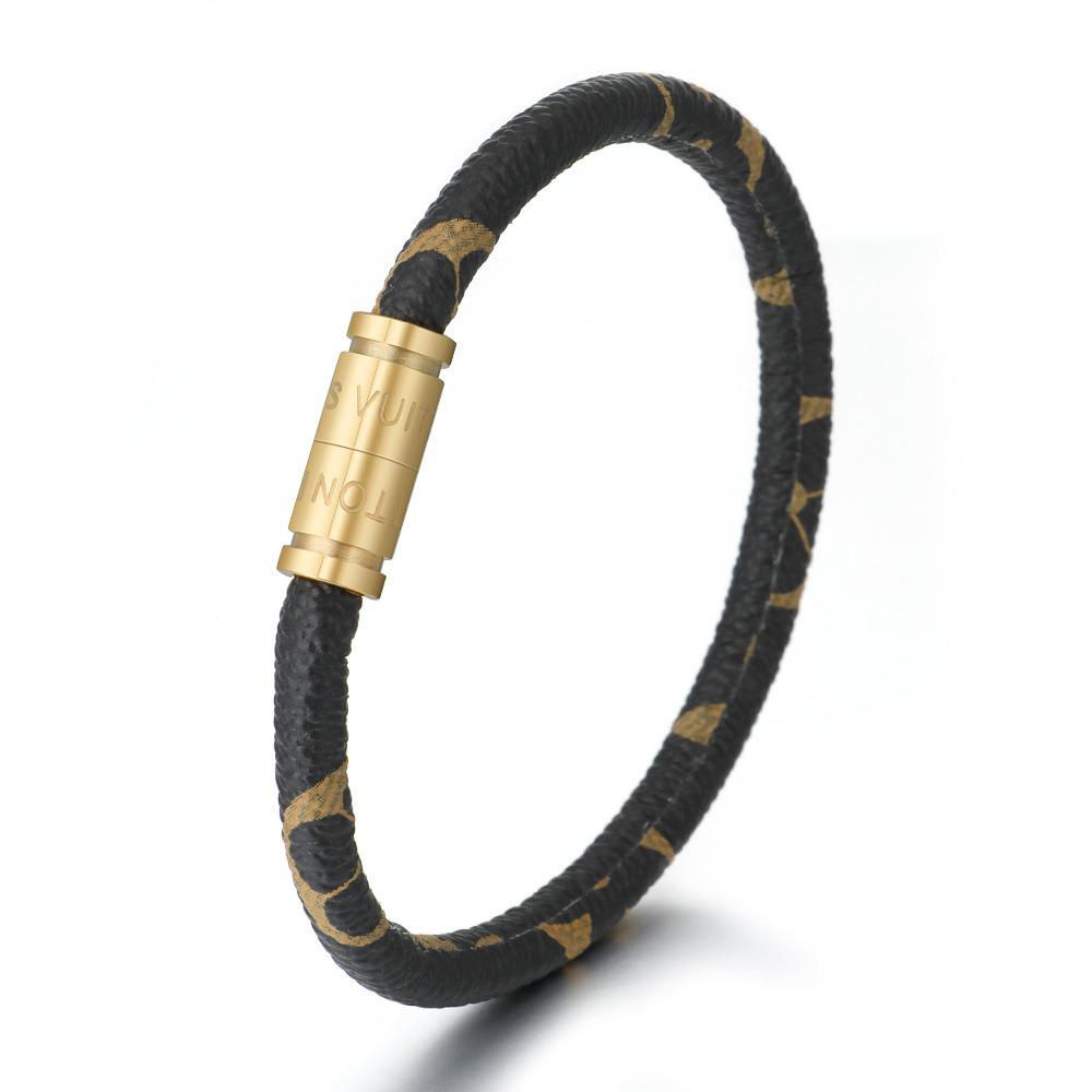 Titanium Steel Engraved Floral Leather Couple Bracelet