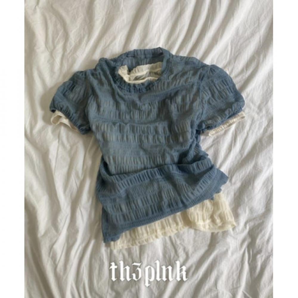 The Pink Women Hate Sheer Wrinkle Shirring Blouse Short Sleeve