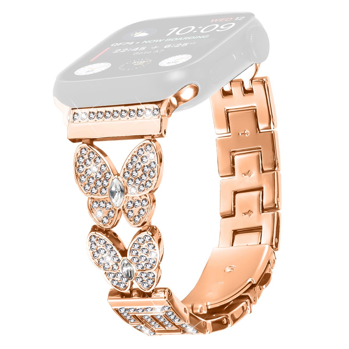 

Watch Band For Apple Watch Series 10 Ultra 9 8 7 SE 6 5 4 3 2 1 46mm 49mm 45mm 44mm 42mm Butterfly Rhinestones Decor Alloy Metal Strap Rose Gold