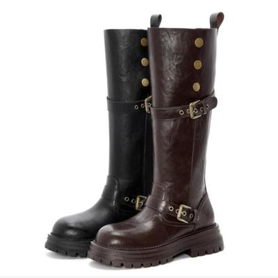 Fashion New Women Motorcycle Boots Retro Brown Knee-High Belt Buckle Round Head High Women Boots Ladies Platform Boot Shoes for Women
