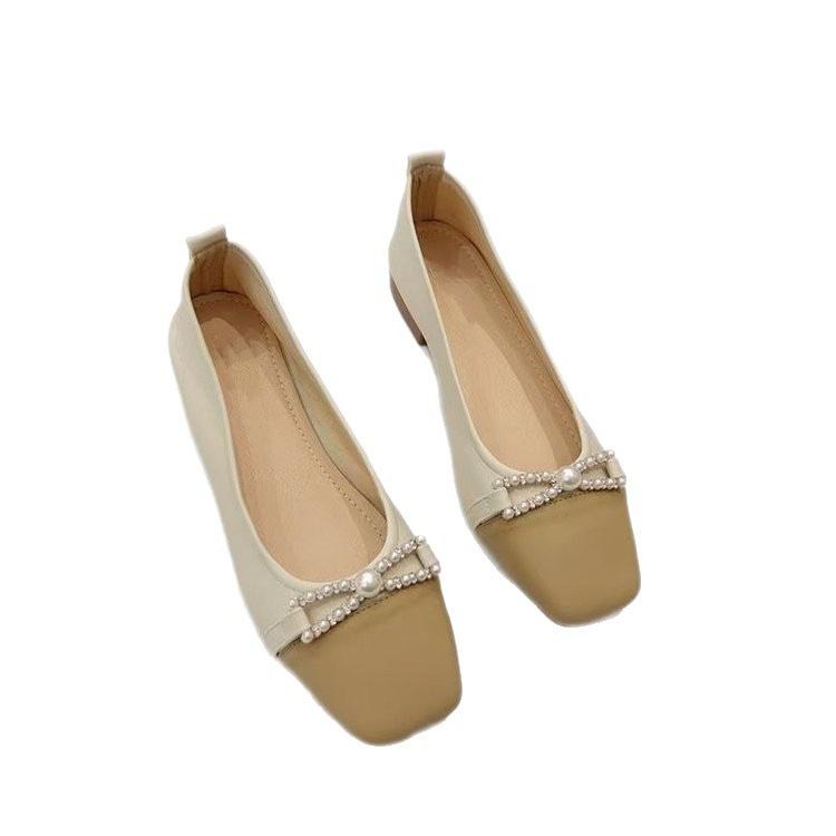 French thick heel 2025 autumn new shoes large size rhinestone pearl shallow mouth square head soft sole low heel single shoes women