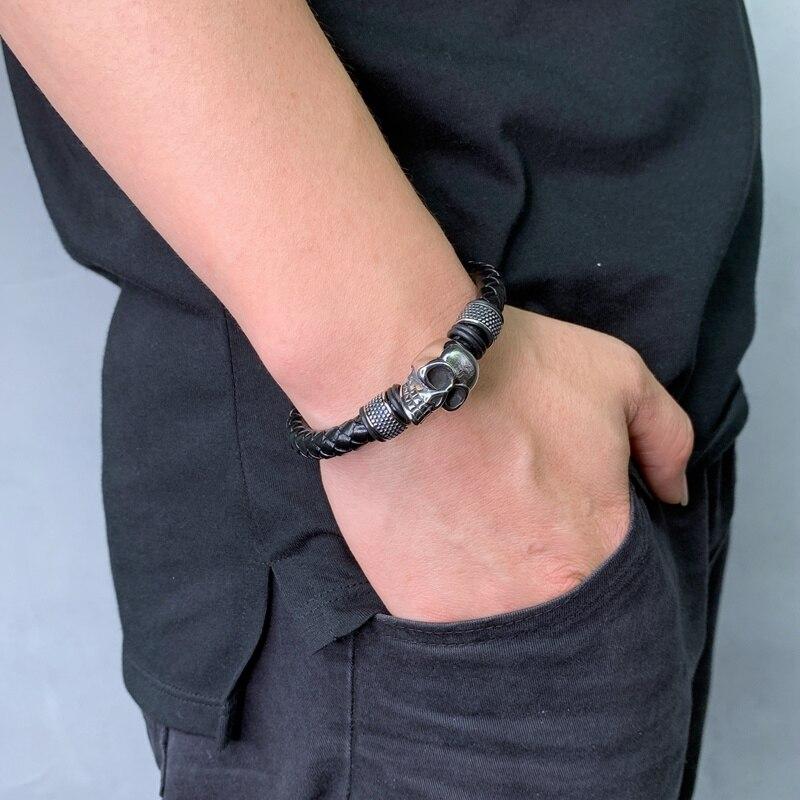 Punk Men Bracelet Skull Round Rope Stainless Steel Bangle Fashion Male Jewelry Wristband Gift