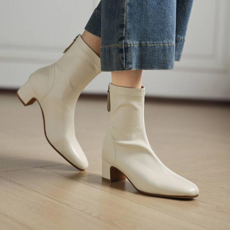 Podzimní a zimní dámské kožené boty jednobarevné střední podpatek velká velikost dámské boty nové všestranné zadní zip gumová podrážka středně vysoké holínky Martin