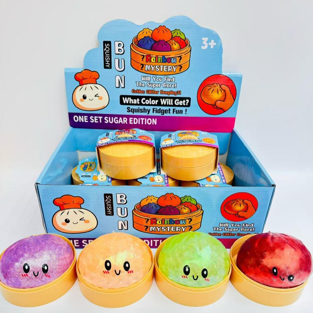 8Cm Glitter Dumpling Squishy With Bead Sensory Squeeze Toy For Stress Relief With Bamboo Steamer Funny Gift Random Color