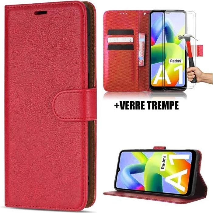 Coque et 2 Verres Trempés pour Xiaomi Redmi A1/A2 - E.F.CONNECTION - Rouge - Effet Cuir - Semi-rigide - Flexible
