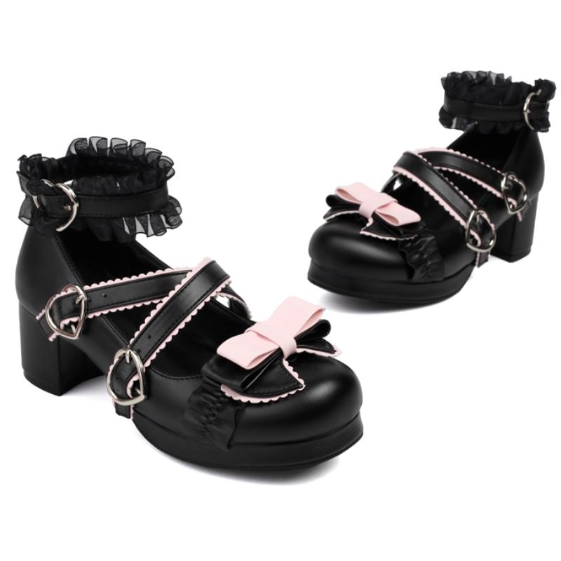 Sweet Bow Low Heels Women's Lolitas Shoes Spring Ankle Strap Red White Heeled Wedding Office Party Shoes Female Large Size 45