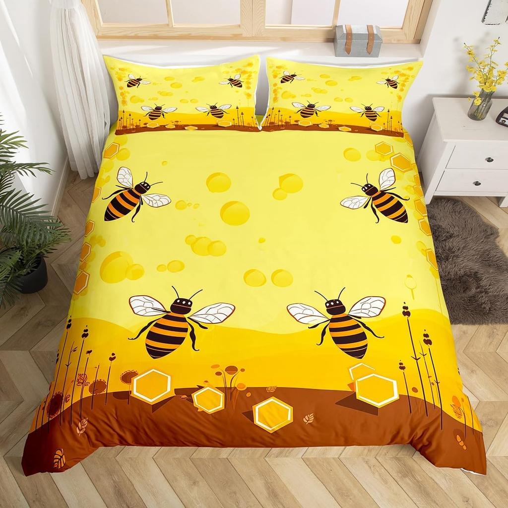 Cartoon Bee Duvet Cover Insect Honeybee Bedding Set Microfiber Wild Animal Comforter Cover King For Teens Boys Kawaii Home Decor