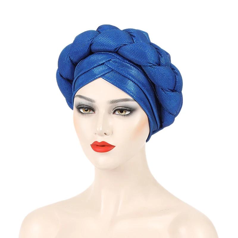 Big Braid African Female Head Wraps Bonnet Nigeria Already Made Headtie Turbante Glitter Gold Thread Fabric Turban Cap For Women