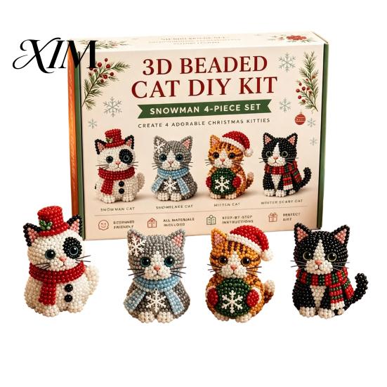 Festliches Feiertagsgeschenk 3D Perlen-Bastelset, Lebensechtes Weihnachtstier-Perlenbastelset, Partygeschenk Handgemachtes Einfaches Stickset für Kinder und Erwachsene Katze