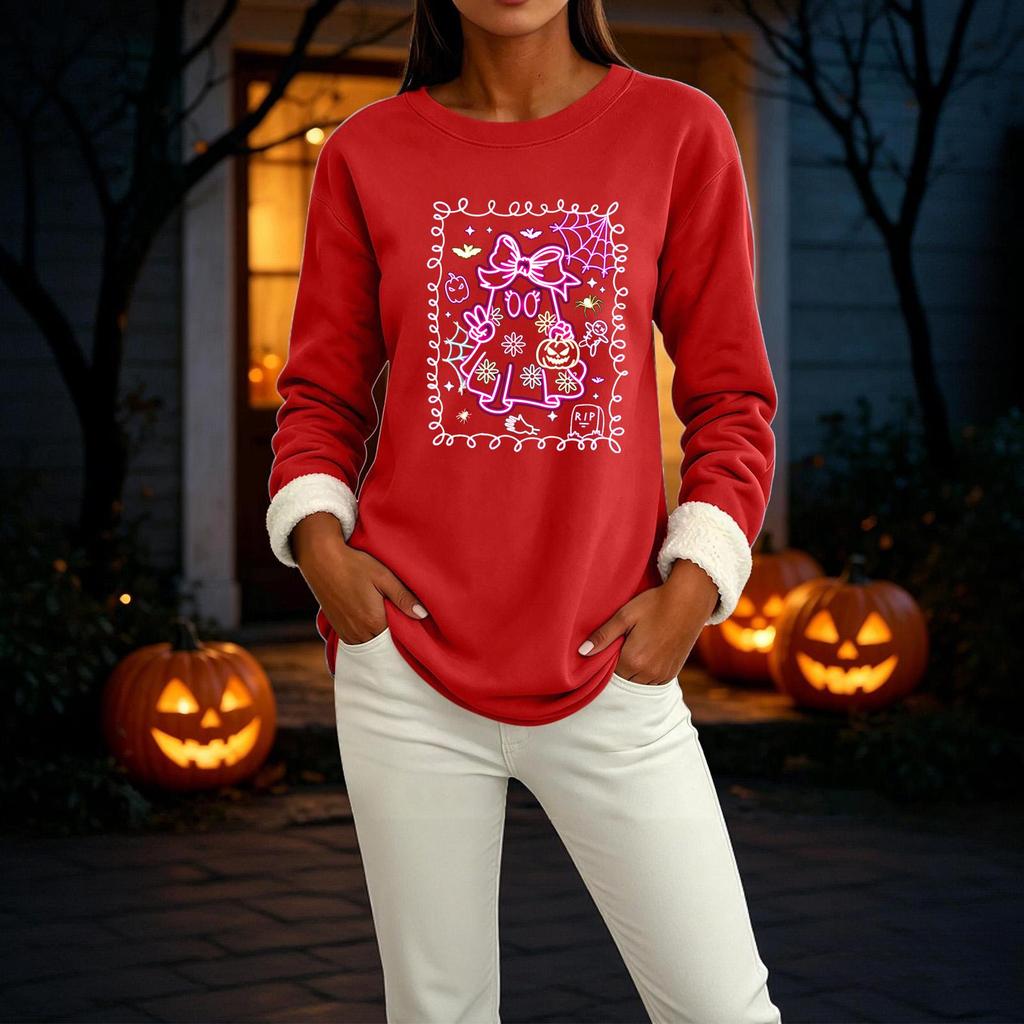 Women's -Lined Long Sleeve Round Neck Halloween Printed Casual Top for Winter