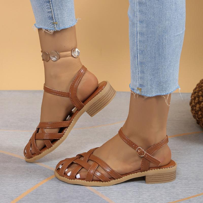 Fashion Baotou Mid-heel Sandals New Summer Round Head Shallow Cross Thin with Soft Sole Anti-slip Wear-resistant Square Heel Shoes