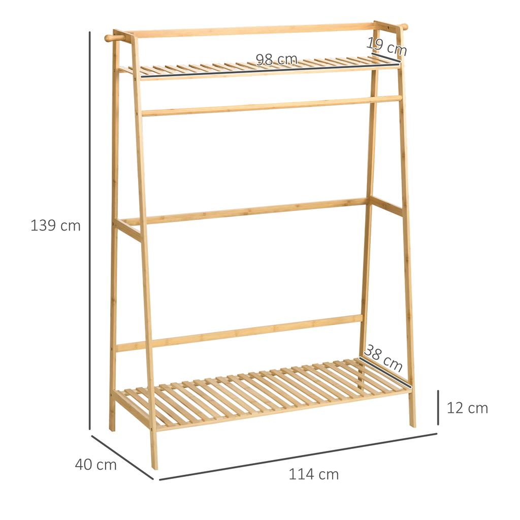 Clothes Rack Wardrobe Coat Stand With 2 Shelves 2 Hooks And 1 Hanging Bar In Bamboo