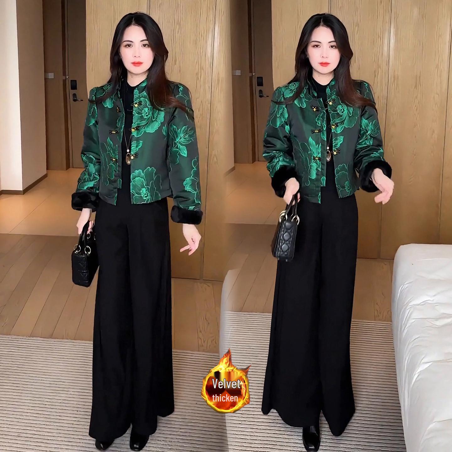 

New Women s Retro Frog Button Jacquard Jacket - Plush, Thick, Stylish for Autumn/Winter 2026 2XL (62.5-67.5kg) зелёный